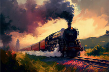 Oil Painting Art, Generative Ai, Steam Train In The Mountains