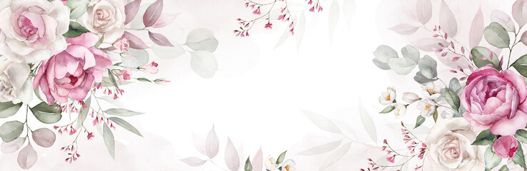 Wall Mural - Watercolor floral border banner frame with green leaves, pink peach blush white flowers, branches. For wedding invitations, greetings, wallpapers, fashion, prints. Eucalyptus, olive, rose, peony.