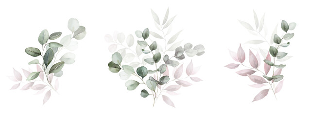 Wall Mural - Watercolor floral bouquet branches set with green pink blush leaves, for wedding invitations, greetings, wallpapers, fashion, prints. Eucalyptus, olive green leaves.