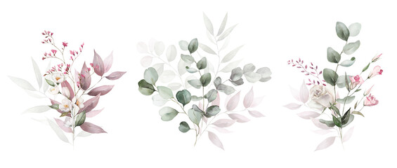 Wall Mural - Watercolor floral bouquet set with green leaves, pink peach blush white flowers, leaf branches, for wedding invitations, greetings, wallpapers, fashion, prints. Eucalyptus, olive, rose, peony.