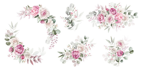 Wall Mural - Watercolor floral illustration set bouquet, wreath, frame green leaves, pink peach blush white flowers branches. Wedding invitations, greetings, wallpapers, fashion, prints. Eucalyptus, olive, peony.