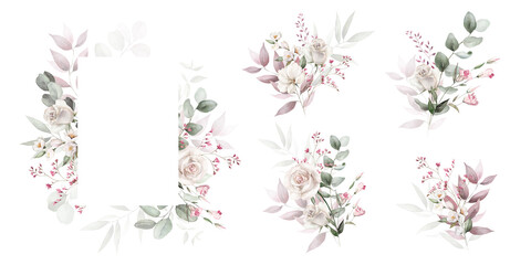 Wall Mural - Watercolor floral illustration set bouquet, border, frame green leaves, pink peach blush white flowers branches. Wedding invitations, greetings, wallpapers, fashion, prints. Eucalyptus, olive, peony.
