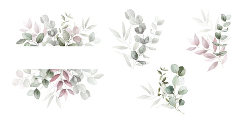 Wall Mural - Watercolor floral illustration set bouquet, border, frame with green pink blush leaf branches, for wedding invitations, greetings, wallpapers, fashion, prints. Eucalyptus, olive green leaves, rose.