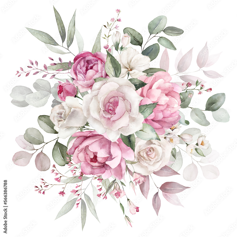 Watercolor floral bouquet with green leaves, pink peach blush white ...