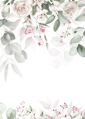 Wall Mural - Watercolor floral border wreath with green leaves, pink peach blush white flowers branches, for wedding invitations, greetings, wallpapers, fashion, prints. Eucalyptus, olive, rose, peony.