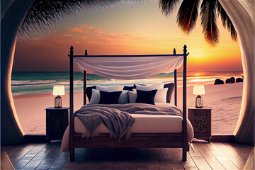 Wall Mural - Spa bed in a tropical beach at sunrise with white sand and turquoise water, generative AI