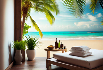 Wall Mural - Spa bed in a tropical beach with white sand and turquoise water, generative AI