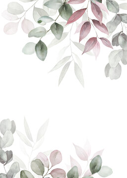 Watercolor floral border wreath with green pink blush leaves branches, for wedding invitations, greetings, wallpapers, fashion, prints. Eucalyptus, olive green leaves, rose.