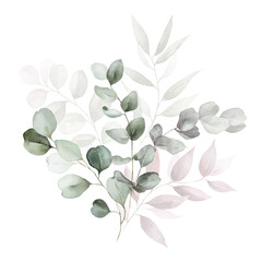 Wall Mural - Watercolor floral bouquet with green pink blush leaves branches, for wedding invitations, greetings, wallpapers, fashion, prints. Eucalyptus, olive green leaves, rose.