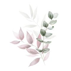 Wall Mural - Watercolor floral bouquet with green pink blush leaves branches, for wedding invitations, greetings, wallpapers, fashion, prints. Eucalyptus, olive green leaves, rose.
