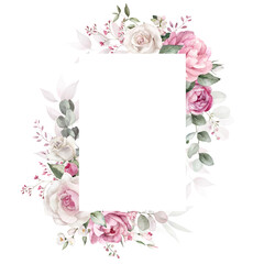 Wall Mural - Watercolor floral frame with green leaves, pink peach blush white flowers branches, for wedding invitations, greetings, wallpapers, fashion, prints. Eucalyptus, olive green leaves, rose, peony.