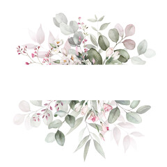 Wall Mural - Watercolor floral frame with green leaves, pink peach blush white flowers branches, for wedding invitations, greetings, wallpapers, fashion, prints. Eucalyptus, olive green leaves, rose, peony.
