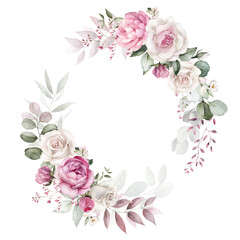 Wall Mural - Watercolor floral wreath frame with green leaves, pink peach blush white flowers branches, for wedding invitations, greetings, wallpapers, fashion, prints. Eucalyptus, olive green leaves, rose, peony.