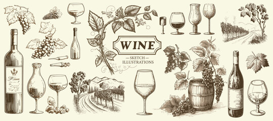 sketch wine set. grape, wine bottles and wineglass, barrel. hand drawn vintage alcoholic beverages v