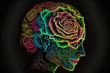 Wall Mural - Woman with rose on head. Neon glowing outlines. Generative AI illustration