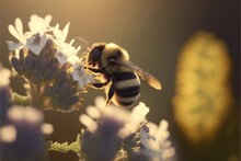  A Bee That Is Sitting On A Flower In The Sun With A Blurry Background Of Flowers And A Yellow Circle In The Background That Is The Center Of The Photo.  Generative Ai