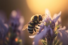  A Bee That Is Sitting On A Purple Flower In The Sunbeams Of The Sun Shining Down On The Bee's Back Legs.  Generative Ai