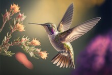  A Hummingbird Hovering Over A Flower With Its Wings Spread Out And Its Beak Extended To The Side Of The Bird's Body, With Its Wings Spread Wide Open.  Generative Ai