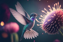  A Hummingbird Flying Towards A Flower With Its Wings Spread Out And Wings Spread Out, And A Purple Flower In The Foreground With A Dark Background.  Generative Ai