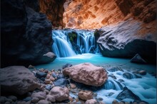  A Small Waterfall In The Middle Of A River Surrounded By Rocks And Boulders, With A Blue Pool Of Water Running Between The Rocks And The Water.  Generative Ai