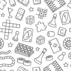 seamless pattern of board games doodle. checkers, chess, cards, backgammon in sketch style. hand dra