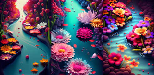 Poster - Beautiful, colorful flowers illustration. Isolated composition on dark tone background. 3d flowers composition