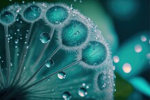  A Close Up Of A Dandelion With Drops Of Water On It's Petals And A Green Background With A Blue Sky In The Background.  Generative Ai