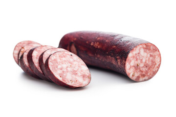 Poster - Sliced smoked pork sausage isolated on white background.