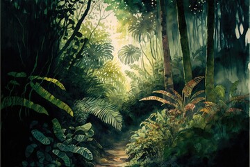 Wall Mural - Tropical greenery, jungle path, watercolor. Generative AI.