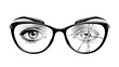 Female eyes in glasses with a broken glass. Vintage engraving stylized drawing. Vector illustration