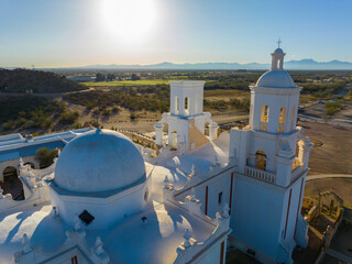 Mission San Xavier del Bac aerial view in Tohono O'odham Nation Indian Reservation near city of Tucson, Arizona AZ, USA. 