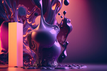 Wall Mural - Abstract fluid mint and purple background with interlaced 3d distortion effect. Futuristic liquid design. Retro futurism, web punk, rave techno neon colors. Generative AI.