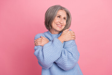 Poster - Photo of positive stunning lovely lady wear blue comfort stylish pullover new boutique empty space isolated on pink color background