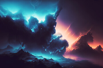Wall Mural - Abstract blue, mint, and purple background with interlaced smoke glitch and distortion effect. Futuristic darkness design. Generative AI.