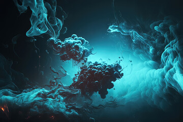 Wall Mural - Abstract blue, mint, and purple background with interlaced smoke glitch and distortion effect. Futuristic darkness design. Generative AI.