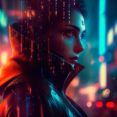 Poster - Portrait of a sci-fi cyberpunk girl. High-tech futuristic woman from the future. The concept of virtual reality and cyberpunk. Generative AI Art.