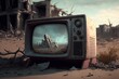 Old TV lying on the ruins of a house. Post-apocalyptic ruined city