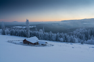 Wall Mural - Blue hour in the Carpathian Mountains, Transylvania, Romania. Landscape phtotography