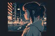 Cute Anime woman looking at the cityscape by night time. A sad, moody. Manga, lofi style. AI
