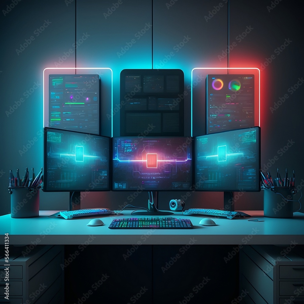 3 Monitor Coding Setup with LEDs on blue wall Stock Illustration ...