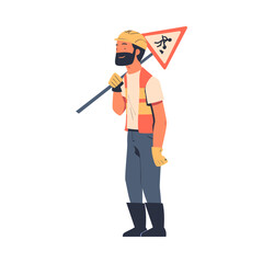 Sticker - Road Worker in Hard Hat and Orange Vest Carrying Traffic Sign Vector Illustration