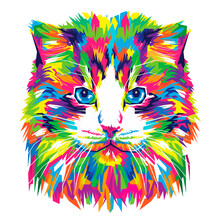 Colorful Abstract Cat, Animal Hand Drawn Illustration, Transparent Background.