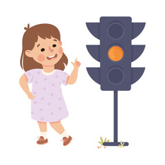 Wall Mural - Cute Girl Standing Near Street Light Traffic Sign on Pole Learning Rules of Road Vector Illustration