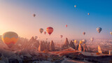 Fototapeta Natura - Landscape sunrise in Cappadocia with set colorful hot air balloon fly in sky with sunlight. Concept tourist travel Goreme Turkey