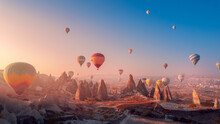 Landscape Sunrise In Cappadocia With Set Colorful Hot Air Balloon Fly In Sky With Sunlight. Concept Tourist Travel Goreme Turkey