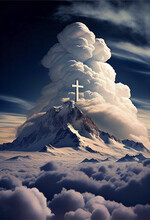 Latin Cross On Clouds. Symbol Of Christianity. A Heavenly Light Shines In A Majestic Sky Filling With Serenity, Peace, Calm And Faith. A Great Mountain Showing The Gates Of Heaven. Ai Generated.