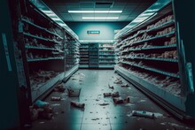 Illustration, A Dirty Supermarket Aisle, With Empty And Abandoned Shelves. Ai Generated.