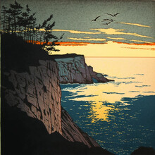 Hand-colored Woodblock Print: Where The Ocean Meets The Land, Cliff View (generative Ai Content)