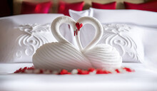 Two Swans Made From Towels Are Kissing On Honeymoon White Bed. Valentine Signature Made From Red Rose Flower On Bed Decoration In Bedroom. Valentine Background. Honey Moon