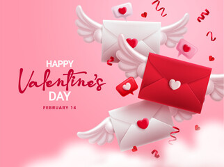 valentines love letter vector design. happy valentine's day text with flying love letter envelope ro